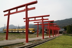 赤い鳥居と一畑電車